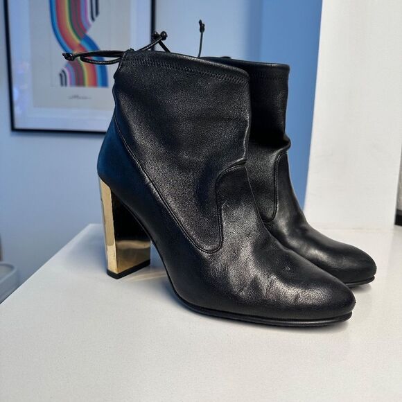 Stuart Weitzman Black Leather Ankle Booties with Lucite & Gold Block Heel Size 9 - Picture 3 of 14